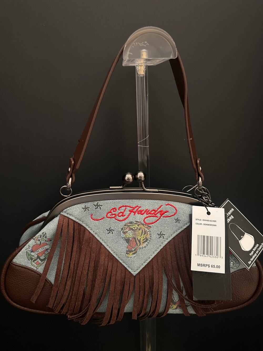 NWT Ed Hardy Denim Brown Fringe Kiss Lock Shoulder Bag Tiger Charms Y2K